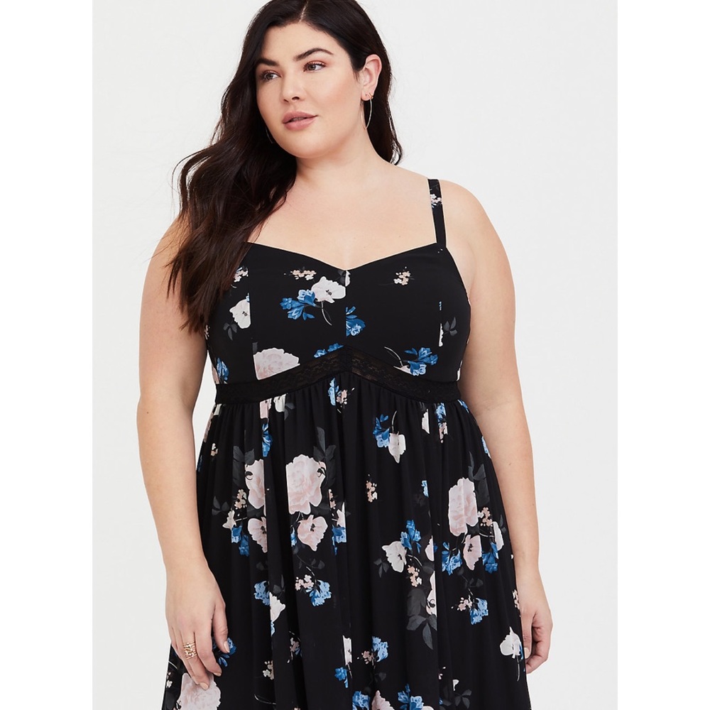 Torrid Black Floral Crochet Chiffon Maxi Dress NWT